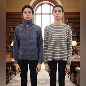 Lot of 2 J CREW Sweaters Blue Zip Turtleneck, Gray Striped Elbow Patches Medium